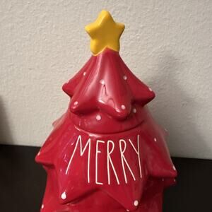 Rae Dunn Magenta Large Red Cookie Jar Canister W/Lid ‘Merry’ Christmas Tree